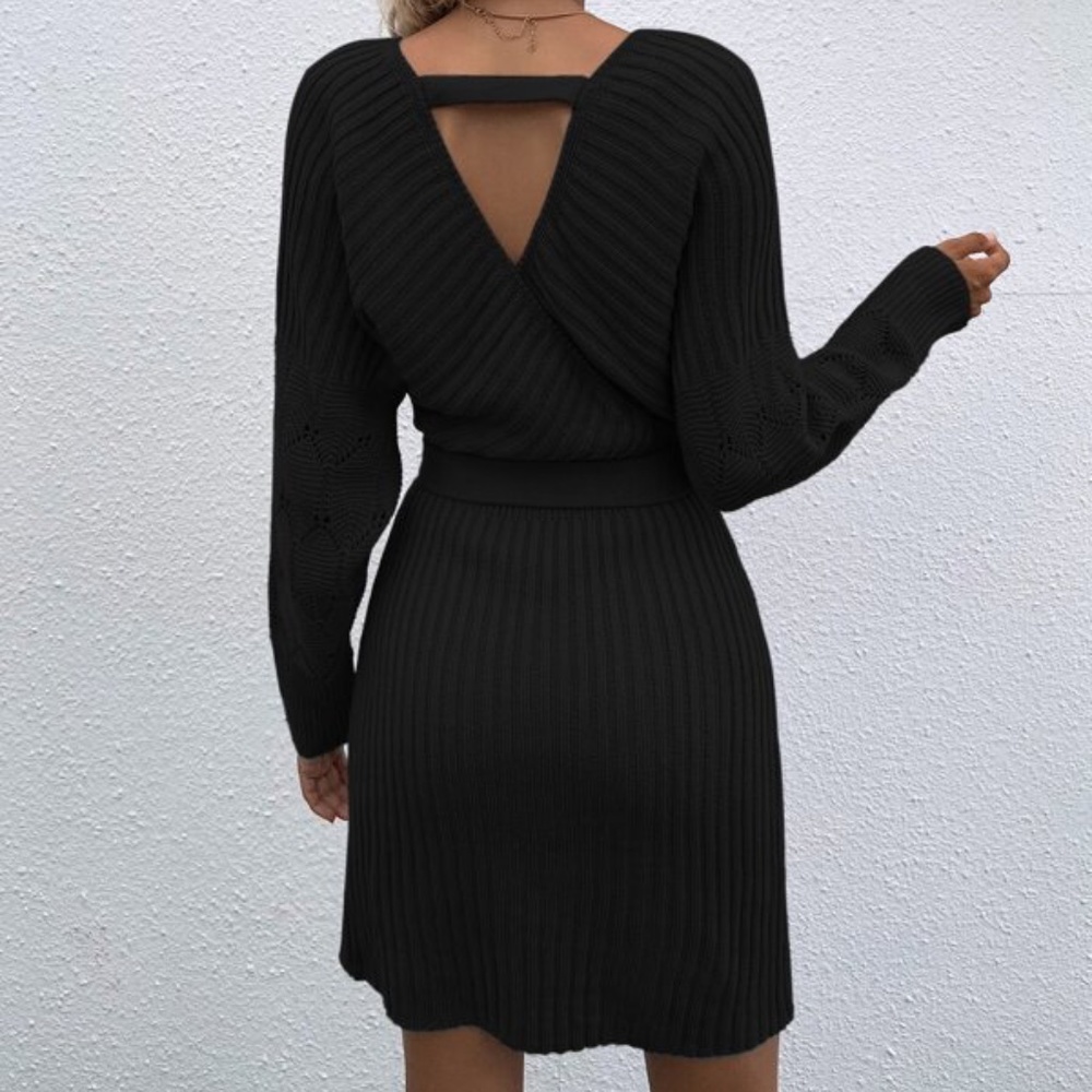 Cozy Burgundy Cut out Back Belted Sweater Dress Minimalist - Picture 14 of 15